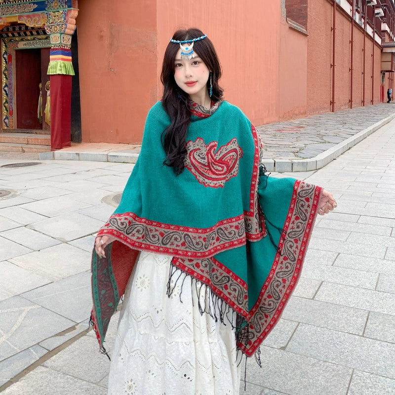 Tibetan Great Retro Totem Red Warm Outer Shawl Women'S Scarf Autumn And Winter Cloak Big Cloak