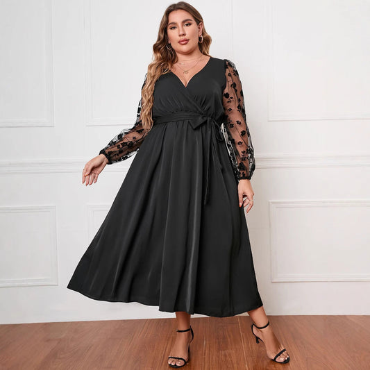 Fashionable Long Sleeve Loose Plus Size Dress With Geometric Pattern