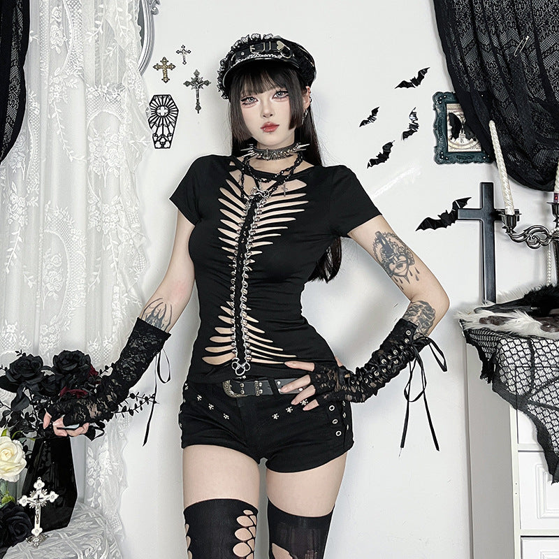 Dark Goth Style Two-Way Tie T-Shirt with Cutout Design