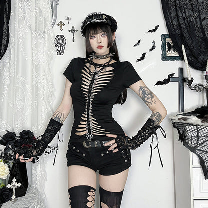Dark Goth Style Two-Way Tie T-Shirt with Cutout Design