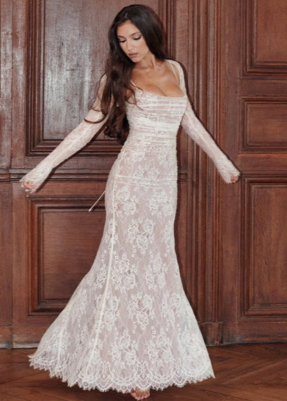 Corset Back Lace Maxi Dress With Sheer Sleeves