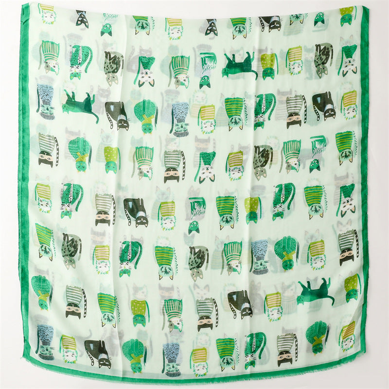 Spring And Autumn Sunscreen Cute Cat Paradise Printed Silk Scarf Satin Cotton Long Scarf
