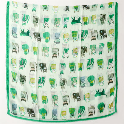 Spring And Autumn Sunscreen Cute Cat Paradise Printed Silk Scarf Satin Cotton Long Scarf