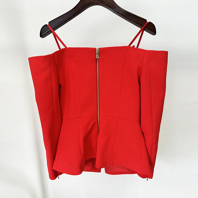 Fashionable Asymmetrical Zip Blazer With Off-The-Shoulder Design