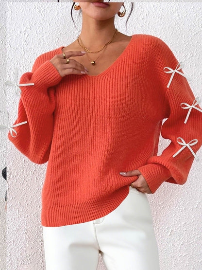 Ribbon Bow Detail V-Neck Sweater Casual Knit Top