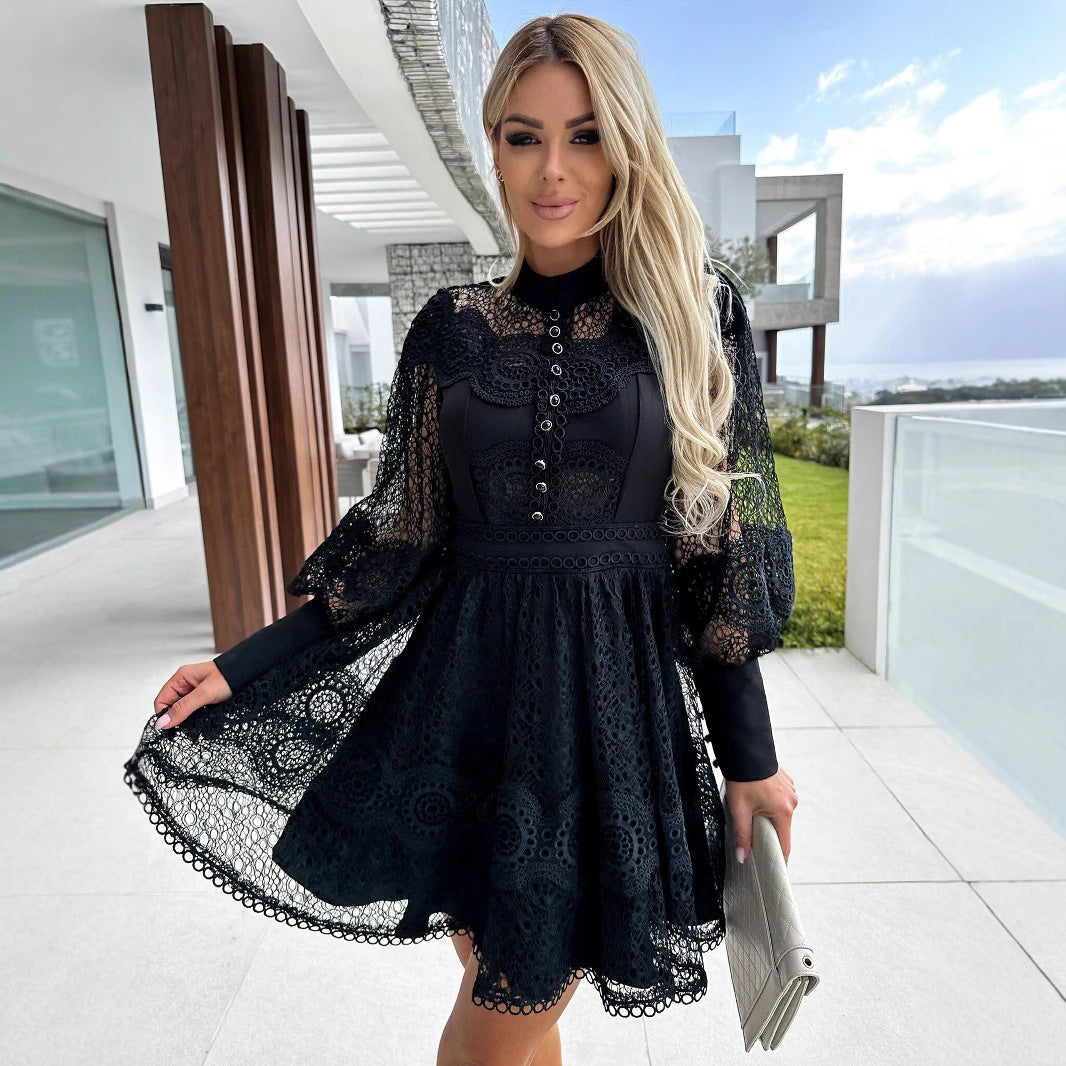 Elegant Lace Long Sleeve Dress with Ruffled Detail