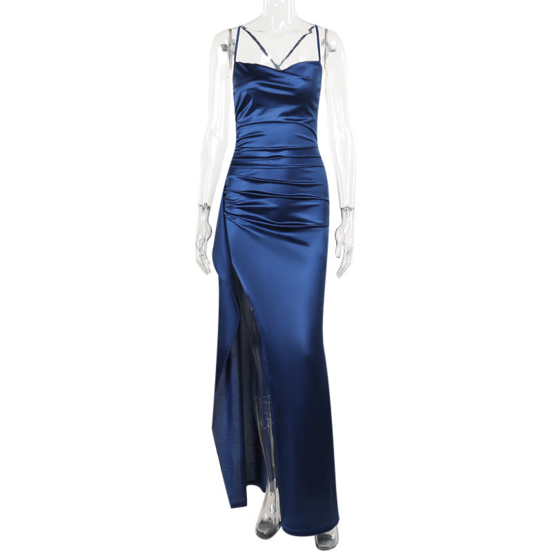Satin Maxi Dress With Split and Floral Design