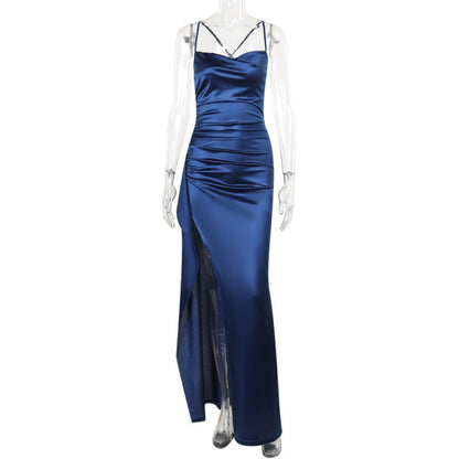 Satin Maxi Dress With Split and Floral Design