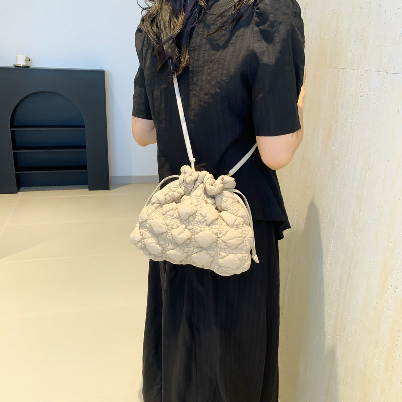 Ruffle Drawstring Bucket Bag Stylish Nylon Tote Bag