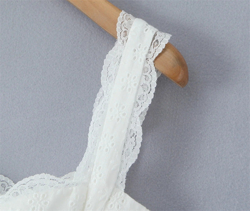Sweet Lace Trim Straps Puff Mini Dress