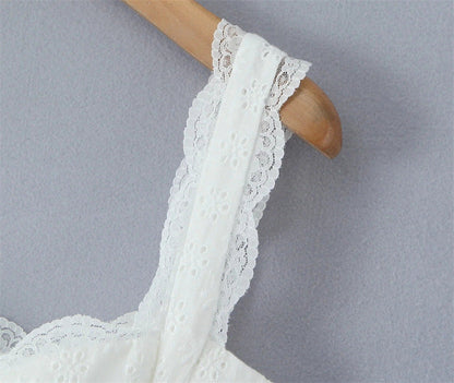 Sweet Lace Trim Straps Puff Mini Dress