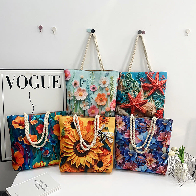 Fashionable Reversible Beach Tote Bag Canvas with Cotton Rope