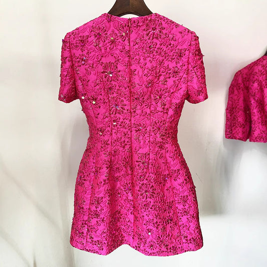 Fashionable Rose Pink Embroidered Short Sleeve Dress