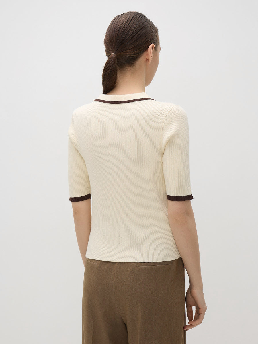 Ribbed Knit Polo Collar Short Sleeve Sweater