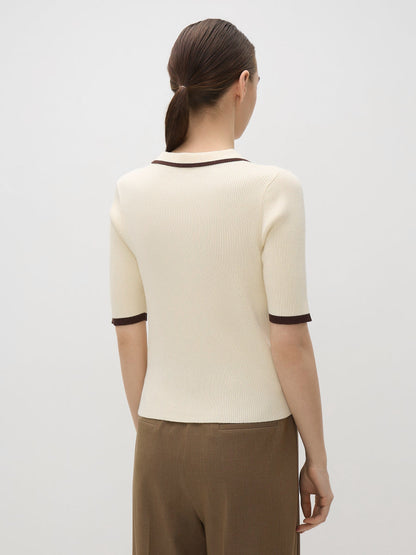 Ribbed Knit Polo Collar Short Sleeve Sweater