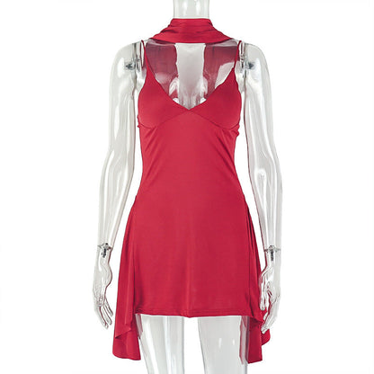 Solid Color A-Line Dress With Halter Neck And V-Neck