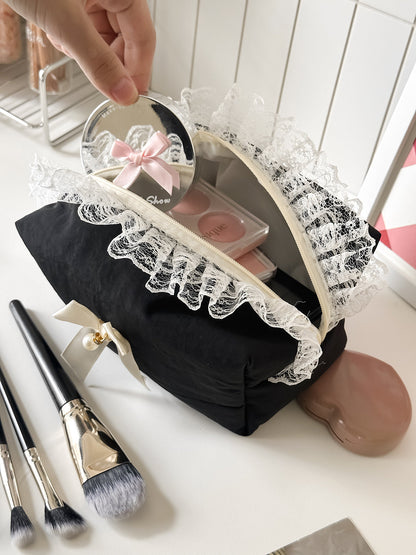 Elegant Black Lace Trim Storage Bag with Bow