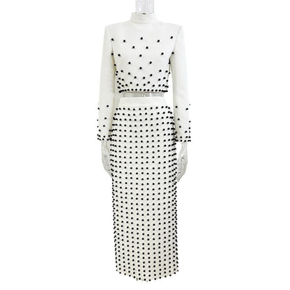 Trendy Pearl Beaded Short Sleeve Top & Long Skirt Set