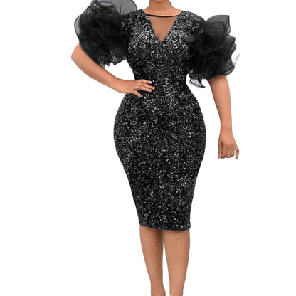 New Velvet Sequin Mesh Stitching Package Hip Dress Skirt Dress