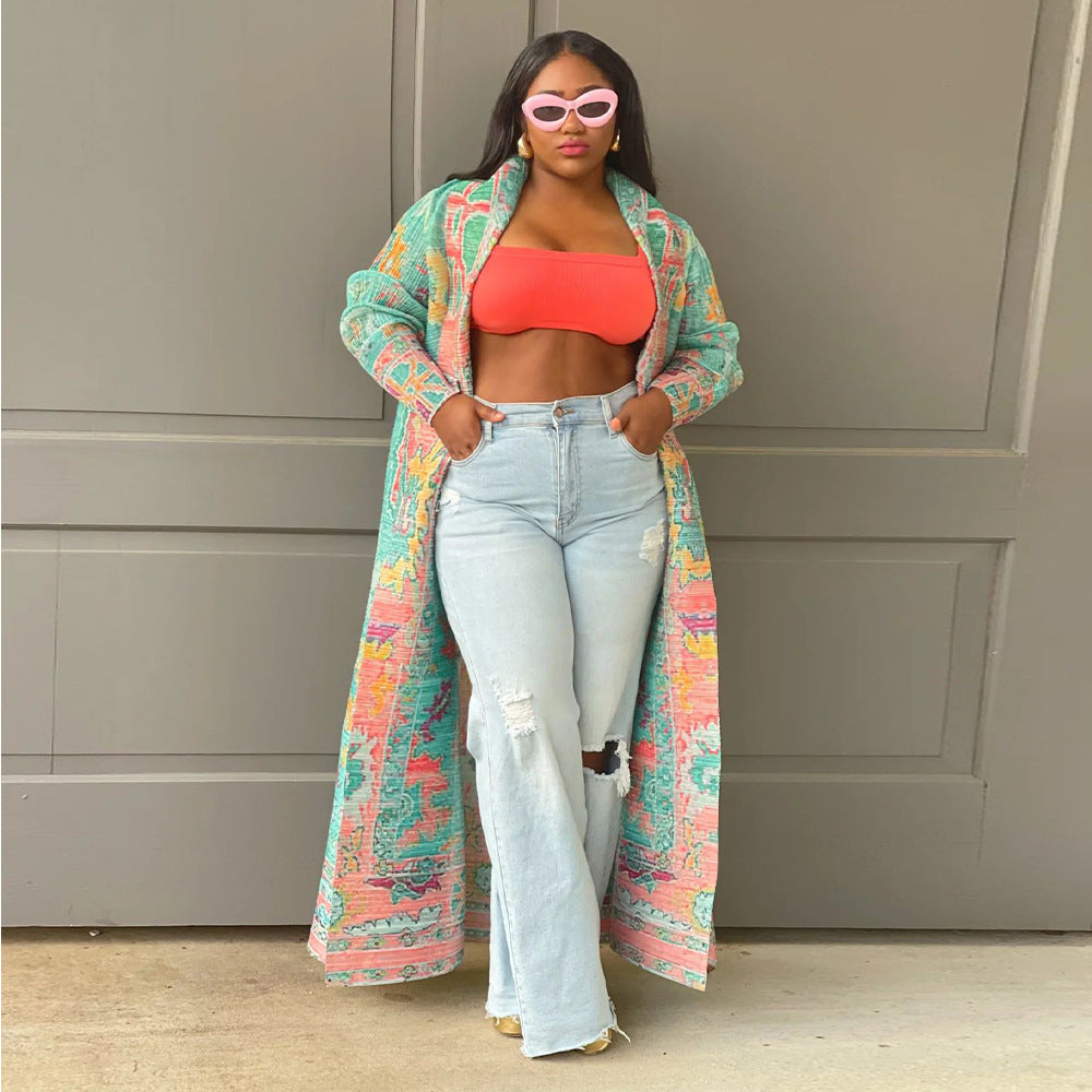 Plus Size Long Coat With Pleated Print For Women