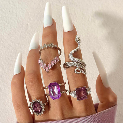 Snake Heart Shaped Gemstone Rings Jewelry Set