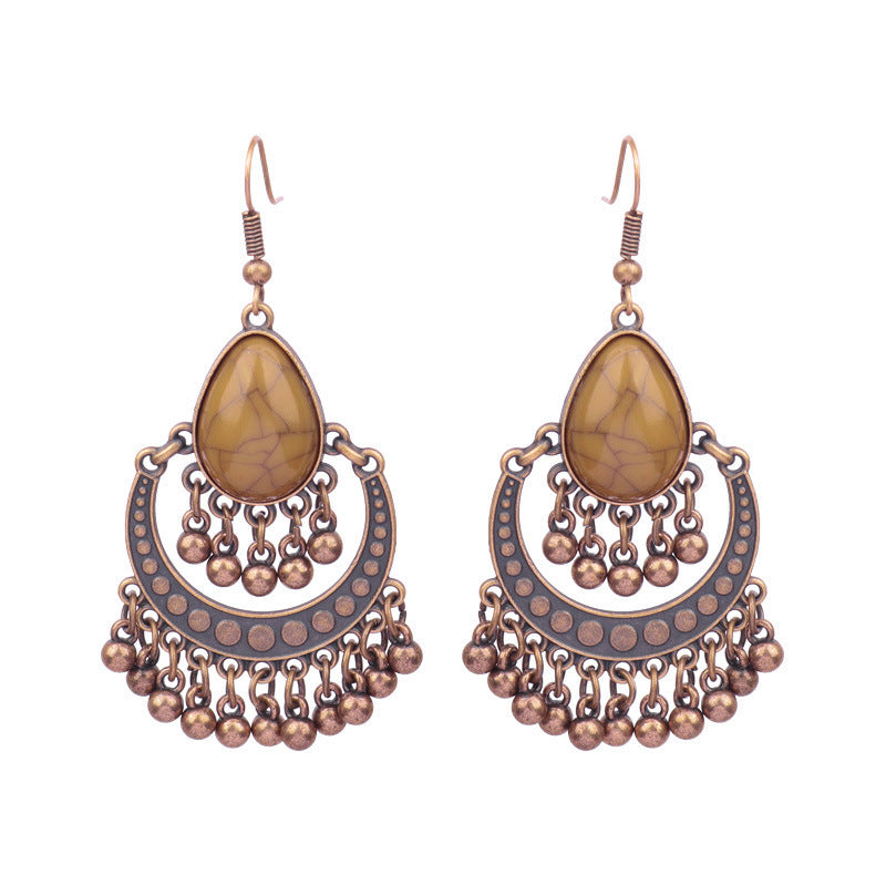 Exaggerated Vintage Geometric Wooden Earrings with Tassel and Bell