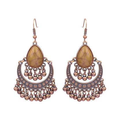Exaggerated Vintage Geometric Wooden Earrings with Tassel and Bell