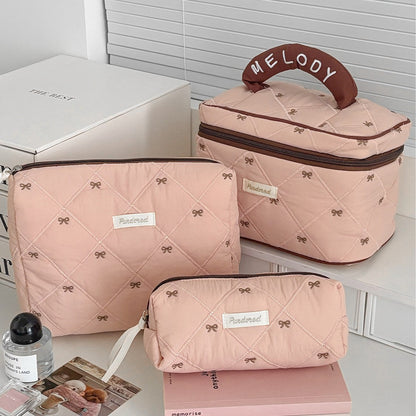 Bow Flower Large Capacity Makeup Bag Vintage Quilted Toiletry Pouch