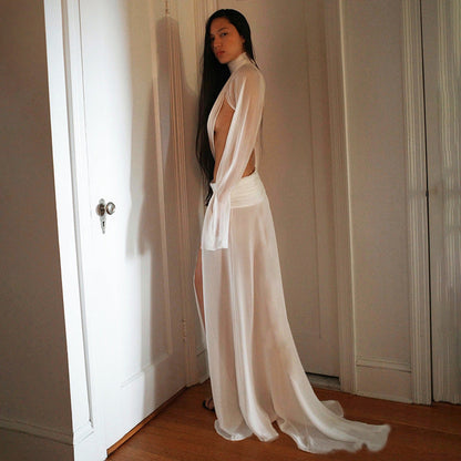 Sexy Sheer High Neck Flared Sleeve Top And Split Maxi Skirt Set