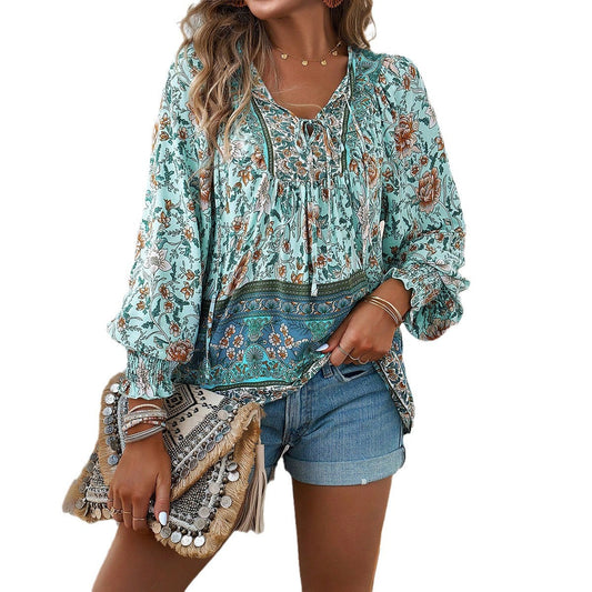 Bohemian Print Long Sleeve Cotton Blouse for Women