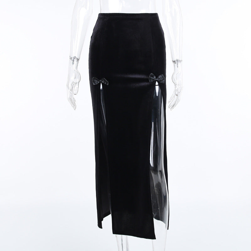 Punk Style High Waist Split Maxi Skirt with Bow