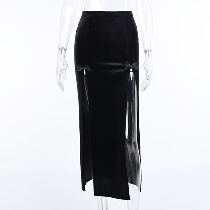 Punk Style High Waist Split Maxi Skirt with Bow