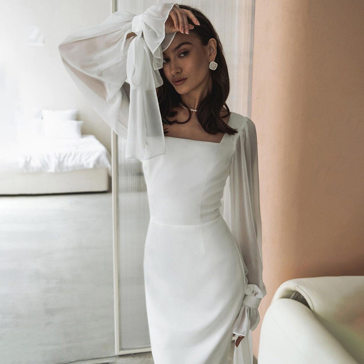 French Style Square Neck Sheer Mesh Flare Sleeve Bodycon Dress