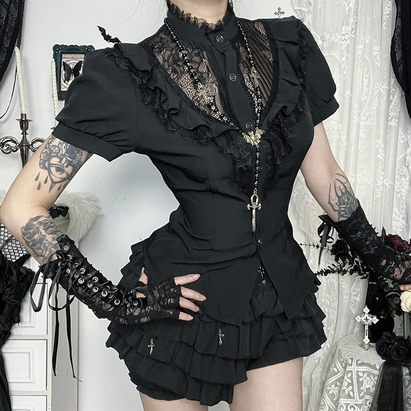 Sexy Lace Panel Short Sleeve Top for Trendy Women