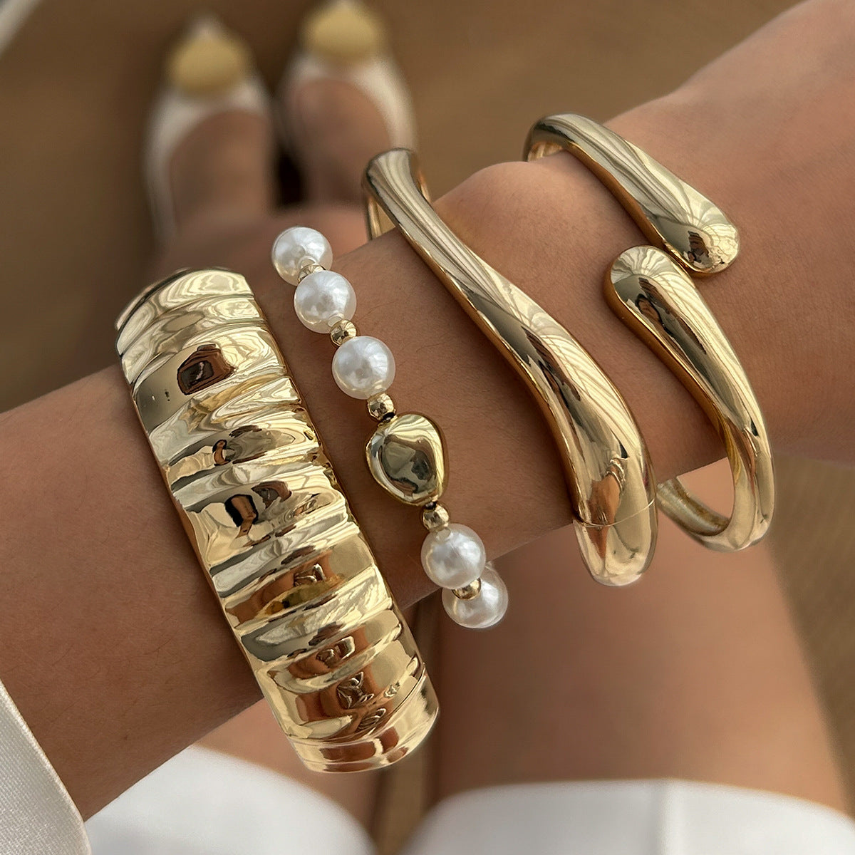 Trendy Irregular Alloy Bracelet Set with Unique Shaped Pearls