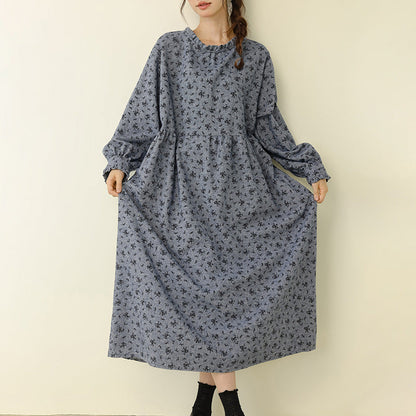Floral Print Long Sleeve Cotton Dress Casual A-Line Dress