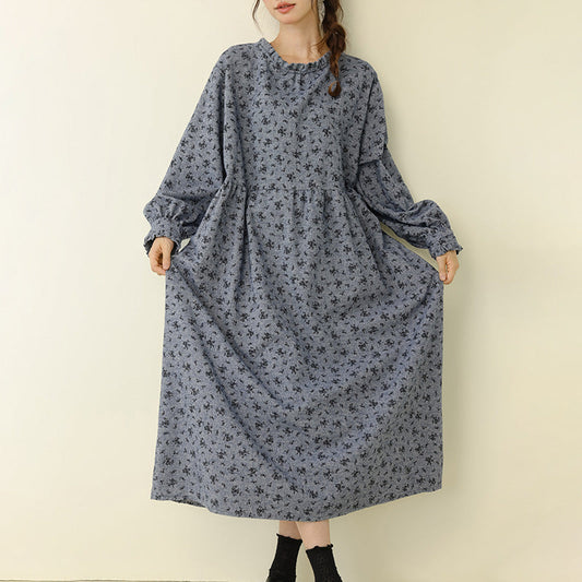Floral Print Long Sleeve Cotton Dress Casual A-Line Dress
