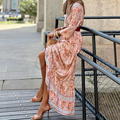 Autumn New Casual Style Bohemian Mid Length Printed Dress