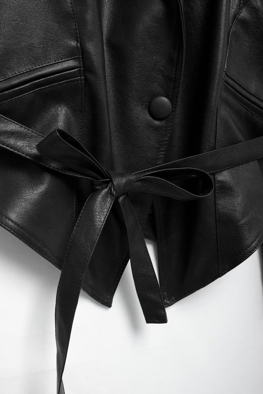 Cool Lapel Drawstring Belt Leather Jacket