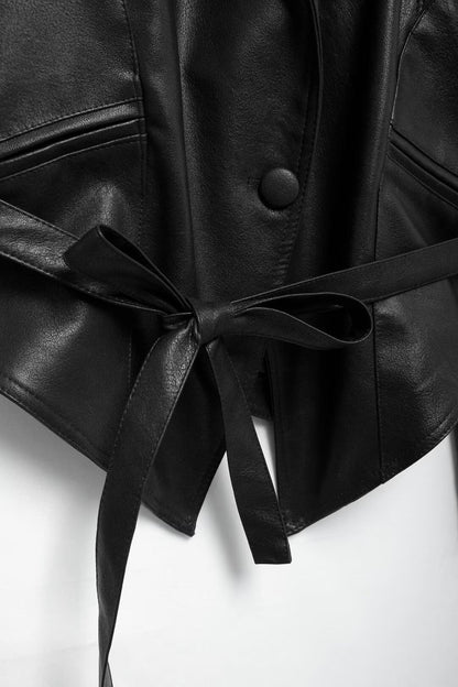 Cool Lapel Drawstring Belt Leather Jacket