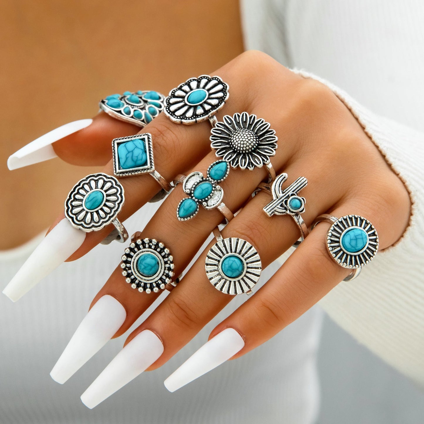 Bohemian Style Carved Feather Turquoise Ring Set