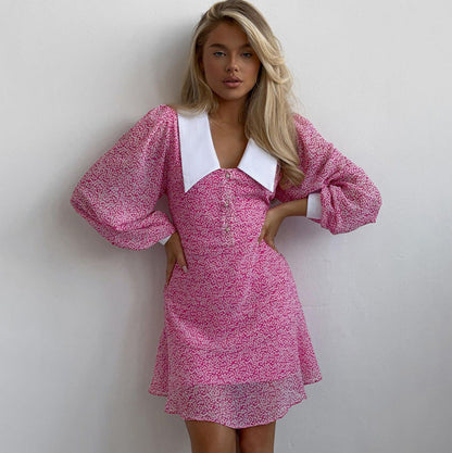 Elegant Doll Collar Long Sleeve A-Line Dress With Animal Print