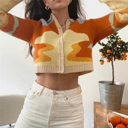 Short Knit Sweater Women Polo Collar Loose Coat Cardigan Top