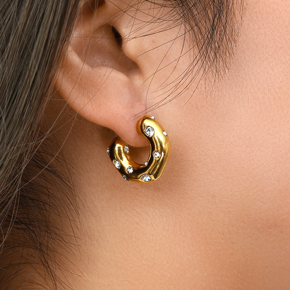 Colorful Zircon Pearl C-Shaped Stud Earrings