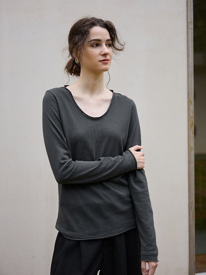 Classic U-Neck Long Sleeve Knit Top in Cotton-Linen Blend
