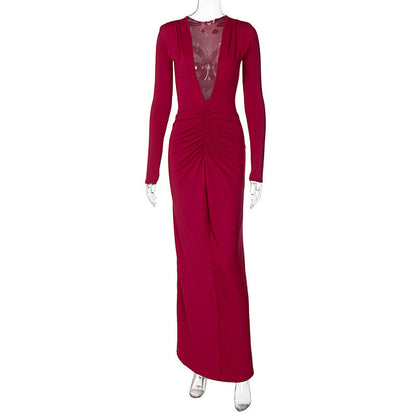 Sexy V-Neck Long Sleeve Ruched Dress Elegant Casual