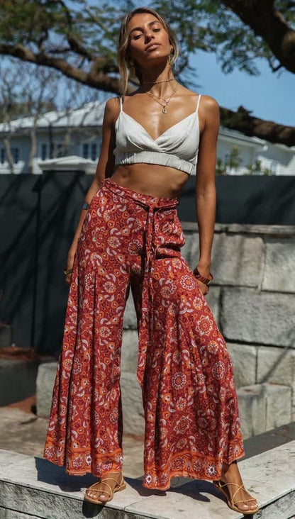 Boho Print Wide Leg Pants Elastic Waist Tie Trousers