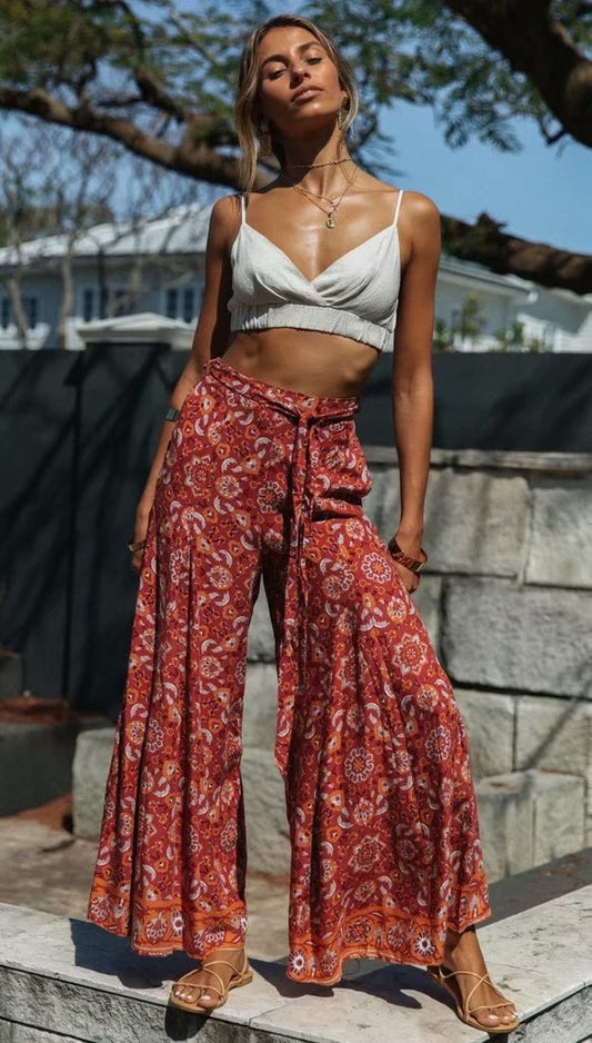Boho Print Wide Leg Pants Elastic Waist Tie Trousers