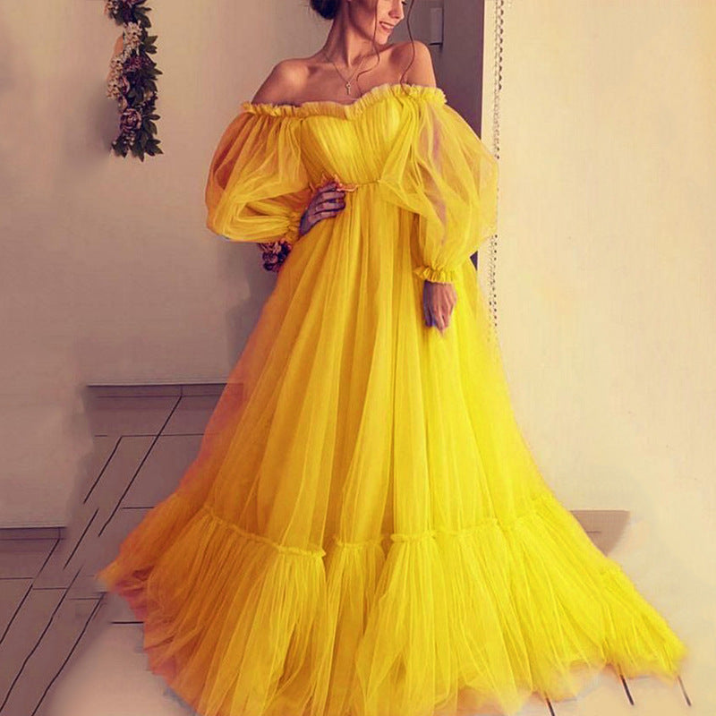 Off-Shoulder Tulle Long Sleeve Wedding Dress With Flared Skirt