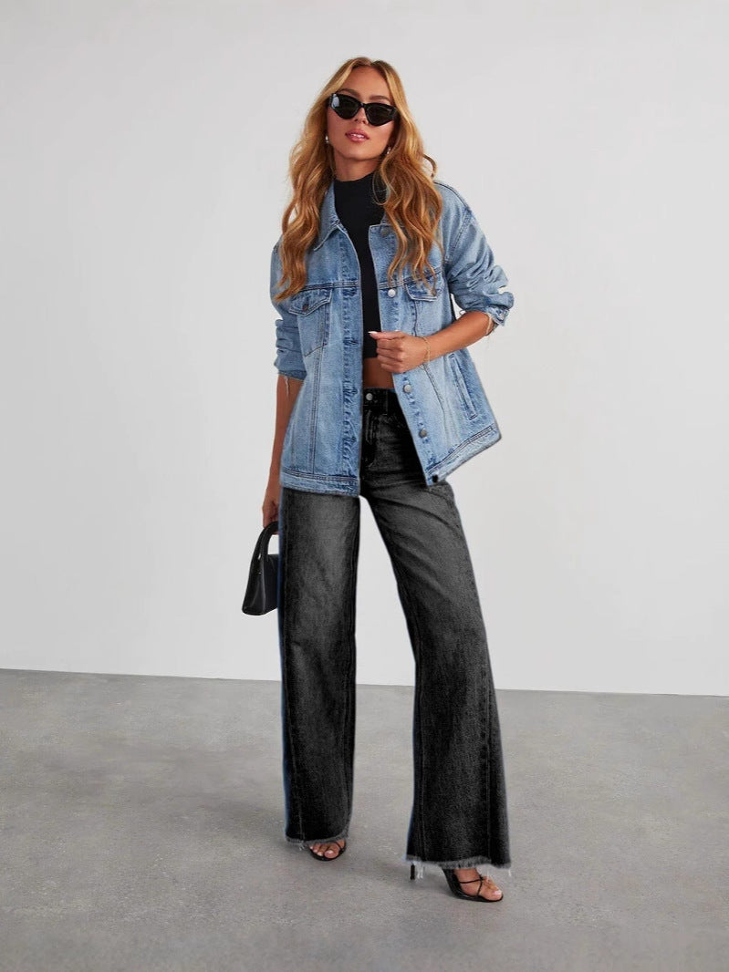 Loose-Fit Wide Leg Denim Pants with Contrast Stitching